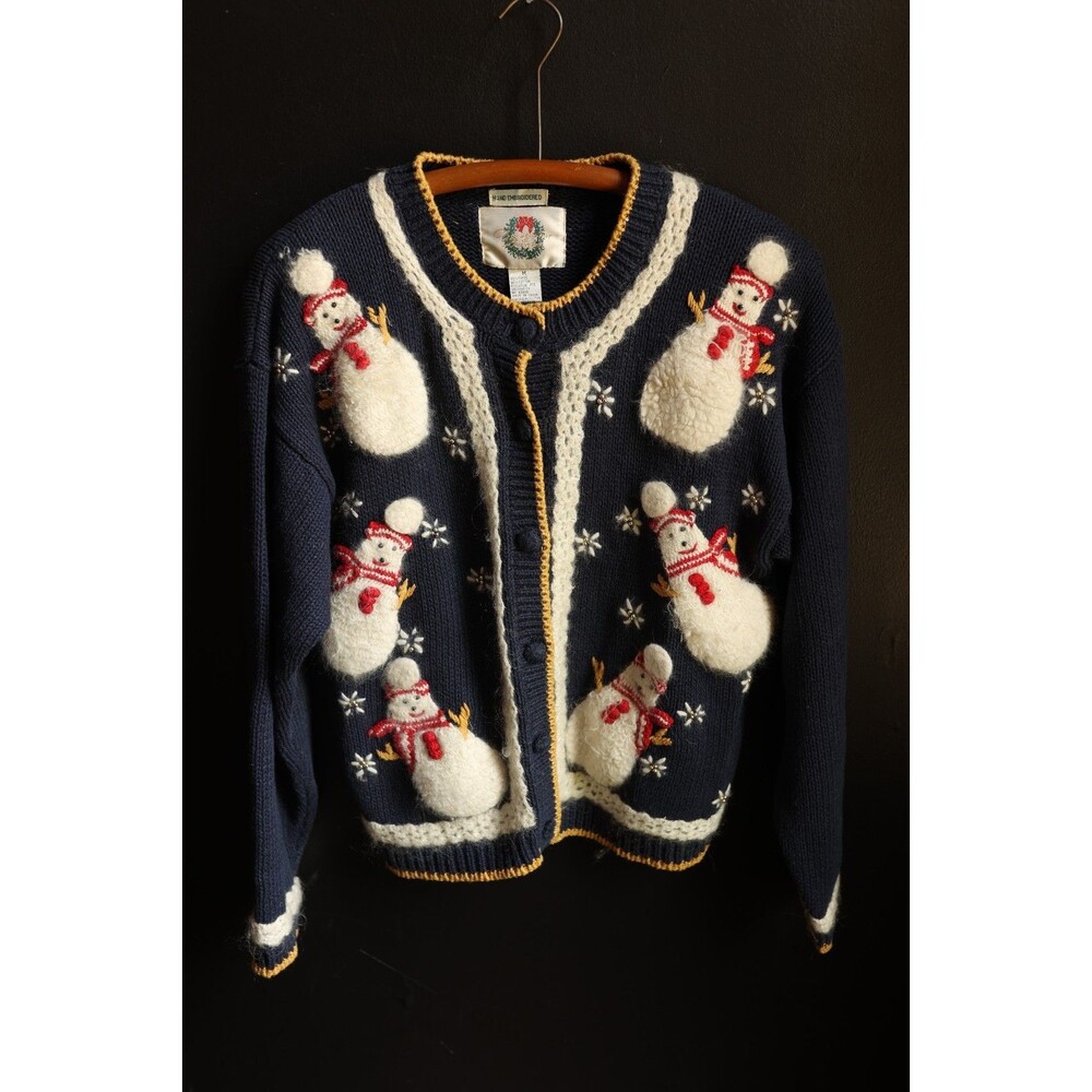 Vintage Hand Embroidered Snowman Button Knit Cardigan Holiday Christmas Beaded M